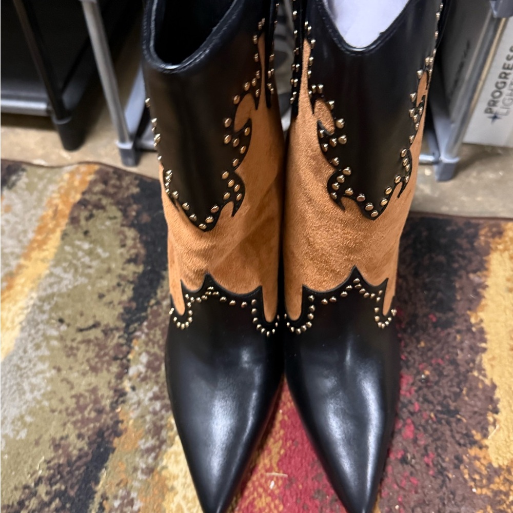 Western-Inspired Studded Ankle Boots - Black & Tan